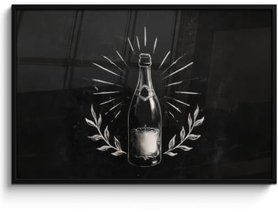 Poster in lijst - Fotolijst 120x80 cm - Posters - Champagnefles - Lauriertakken - Zwarte achtergrond - Posterlijst zwart - Decoratie - Wanddecoratie woonkamer - Muurdecoratie slaapkamer