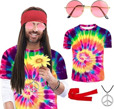 Jaren 70 kostuums voor dames en heren, 6 stuks hippie T-shirt pruik bril Peace halsketting hoofdband jaren 70 kleding carnaval carnaval, Meerkleurig, onesize