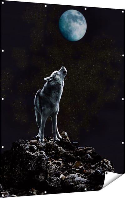 Gards Tuinposter Wolf Huilt naar de Volle Maan - 120x160 cm - Tuindoek - Tuindecoratie - Wanddecoratie buiten - Tuinschilderij