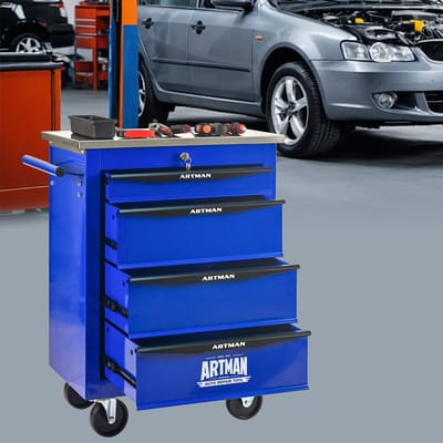 MIVRAY Werkwagen - 4 Laden Met Wielen En Remmen - Garage En Werkplaats - Staal - Zwart Blauw - 62,5x34,5x78 Cm