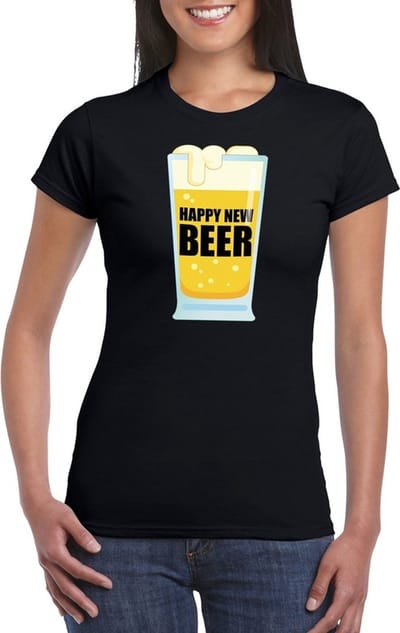 Fout oud en nieuw t-shirt Happy New Beer / Year zwart voor dames - Nieuwjaarsborrel kleding S