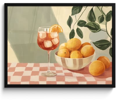 Poster in lijst - Fotolijst 70x50 cm - Posters - Citroenen - Glas - Tafelkleed - Geblokt - Posterlijst zwart - Decoratie - Wanddecoratie woonkamer - Muurdecoratie slaapkamer