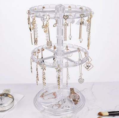 Sieradenopbergrek - Sieradenstandaard van helder acryl - Verstelbare, draaibare opbergstandaard met 2 niveaus - Ontwerp met 48 haken - Armband, ring, oorbelboom, displaystandaard - voor vrouwen en meisjes