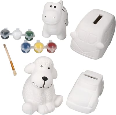 4-delige set spaarpotten voor jongens om te schilderen, elk 1x auto, bus, dino & hond inclusief verf & kwast – 76638, 76639, 87761 & 87765