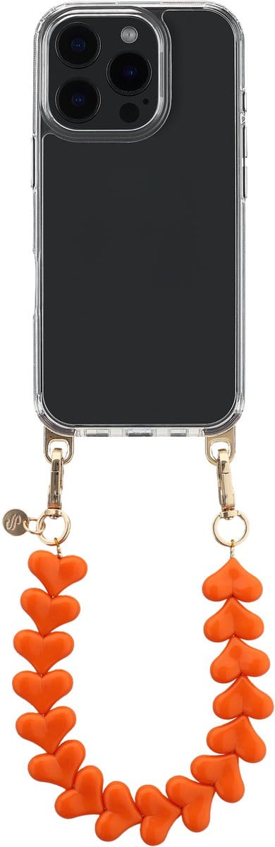Selencia Transparant Hoesje met Haakjes inclusief Hartjes Polskoord - Geschikt voor Apple iPhone 16 Pro - Oranje