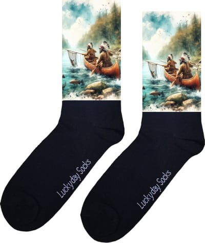Boot - Indiaan - Opkikker - Grappige sokken - Valentijns cadeau - Verjaardag cadeau - Sinterklaas cadeau - Varen - Grappige sokken - Leuke sokken - Vrolijke sokken - Kerst cadeau - Vaderdag - Moederdag - Rivier - Socks die Happy maken - Maat 37-44