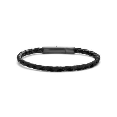 7FB-0636 - Frank1967 – Gevlochten leren armband zwart - 21 cm - heren armband