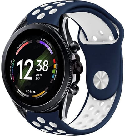 Strap-it Siliconen sport bandje - geschikt voor Fossil Gen 6 44mm / Gen 5 / Gen 5e 44mm - blauw/wit