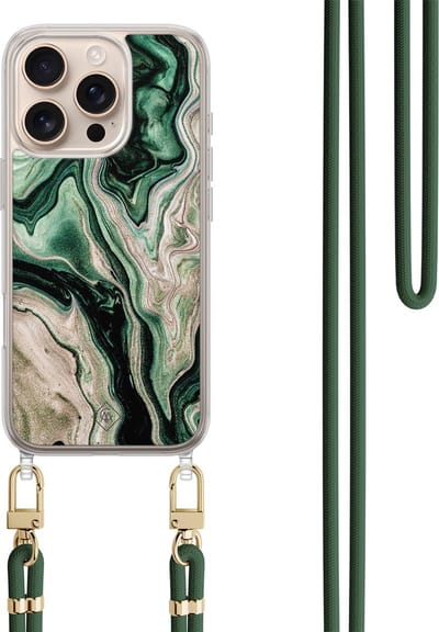 Casimoda® hoesje met koord - Geschikt voor iPhone 16 Pro - Groen marmer / Marble - Afneembaar koord - TPU/polycarbonaat - Groen