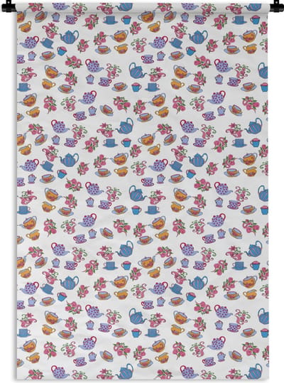 Wandkleed - Wanddoek - Patronen - Thee - Rozen - Theepot - 120x180 cm - Wandtapijt