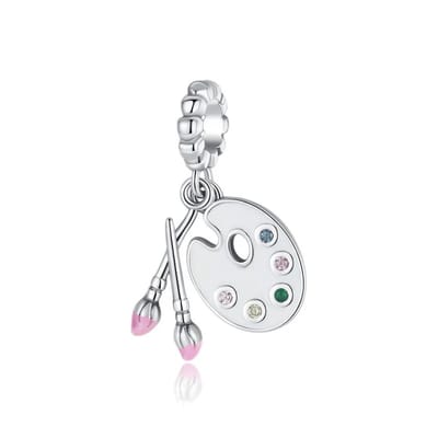 Fler® | Bedel | Past op populaire bedelarmbanden (standaard - 3mm) | Schilder Palet Bedel | Hangbedel Charm | 925 sterling zilver | Zirkonia | Roze emaille | Valentijnsdag Cadeau | Sinterklaas kado | Kerstcadeau | Verjaardagsgeschenk | Vriendschap