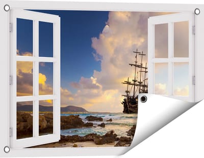 Gards Tuinposter Doorkijk Piratenschip aan de Kust bij Zonsondergang - 60x40 cm - Tuindoek - Tuindecoratie - Wanddecoratie buiten - Tuinschilderij