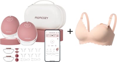 Momcozy M9 Handsfree Borstkolf - 2 stuks - Met voedingsbeha maat M - Inclusief verschillende borstschild inserts - Extra stil en compact - Met app bediening - Elektrisch - Rood
