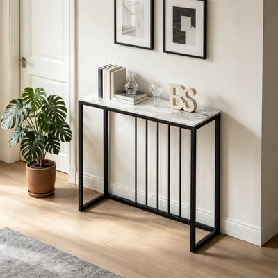 FATIVO Consoletafel marmer- Haltafel - Wandtafel - Sidetable - Smaragdwit - 80x30x78.5 cm (L x B x H) - Scandinavisch - Bijzettafel met Zwart metalen frame - voor woonkamer, Hal, entree