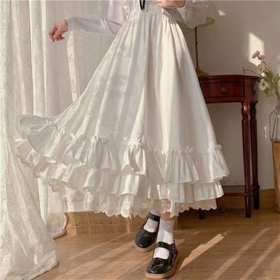Witte Feeënrok Kant Ruffle Strik Decoratie Lolita Dames Lange Rok Zoete Mooie Preppy Stijl Vintage Europese Stijl Lente en Zomer S wit