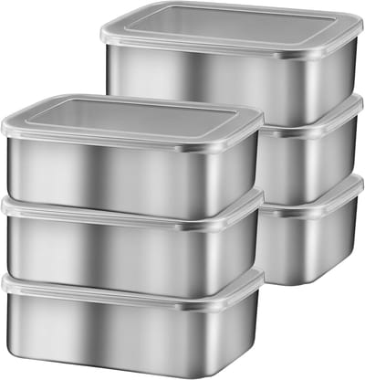 Famanu –6 stuks vershouddozen met deksel, 1100 ml meal prep dozen, roestvrij stalen, stapelbare voorraaddozen, vaatwasser, 18 x 13 x 6 cm