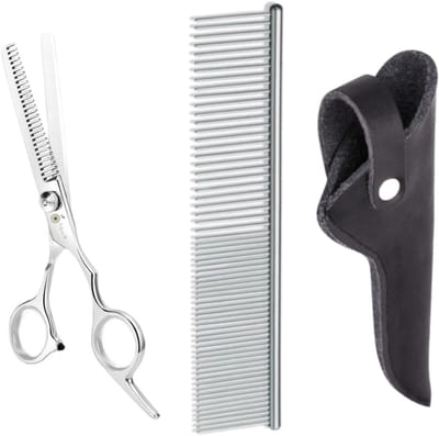 Professor Q – Professionele Effileerschaar – Wit – Premium RVS Uitdunschaar – Voor Kapper & Thuisgebruik met Luxe Lederen Etui – 16,5 cm – Zwart + Anti-Klit Kam – Pijnloos & Huisdiervriendelijk