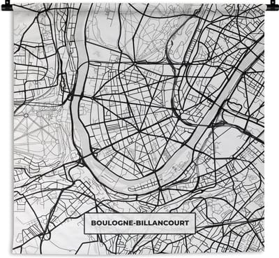Wandkleed - Wanddoek - Frankrijk - Kaart - Plattegrond - Boulogne-Billancourt - Stadskaart - Zwart wit - 180x180 cm - Wandtapijt
