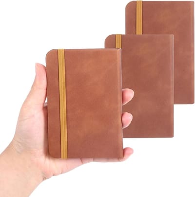 Klein A7 Notitieboekje, Leer Bruin, 3 Stuks, Hoogwaardige Notitieboeken met Gelijnd Papier en Elastische Sluiting, Ideaal voor Kantoor, Reizen en School