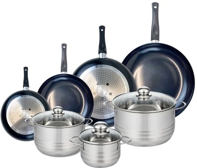 Set van 4 Koekenpannen 20, 24, 28 en 32 cm en 3 kookpotten 16, 20 en 24 cm Elo Prima Brillant