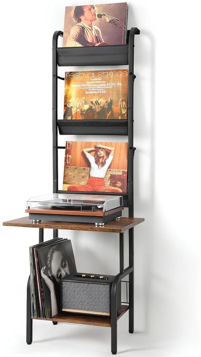 JCP® Platenspeler Kast - Platenkast met Platenhouder - Opbergkast voor Platenspeler en LP's - Zwart/Bruin - 35cm x 30cm x 144cm