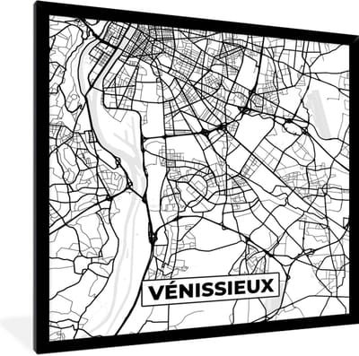 Fotolijst incl. Poster Zwart Wit- Kaart - Stadskaart - Frankrijk - Plattegrond - Vénissieux - Zwart wit - 40x40 cm - Posterlijst