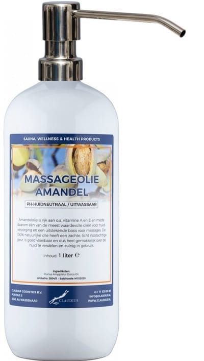 Massageolie Amandelolie 1 liter met zilveren pomp - 100% natuurlijk - biologisch en koud geperst