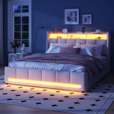VVBV Gestoffeerd Opbergbed 140x200 cm - Opbergruimte, LED-Verlichting, App-bediening - Linnen Beige - Zonder Matras