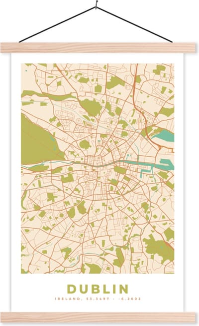 Posterhanger incl. Poster 40x60 cm - Schoolplaat - Kaart - Dublin - Stadskaart - Vintage - Plattegrond - Textielposter - Blanke latten - Stadskaart