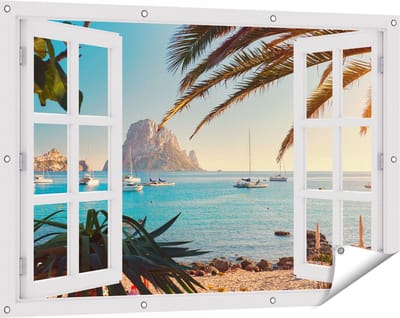 Gards Tuinposter Doorkijk Ibiza Cala d'Hort Strand - 120x80 cm - Tuindoek - Tuindecoratie - Wanddecoratie buiten - Tuinschilderij