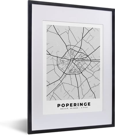 Fotolijst incl. Poster Zwart Wit- België – Poperinge – Stadskaart – Kaart – Zwart Wit – Plattegrond - 30x40 cm - Posterlijst