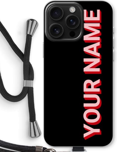 Gepersonaliseerd - Case Company® - Hoesje met koord geschikt voor iPhone 16 Pro Max hoesje met Koord - Namecase - Telefoonhoesje met Zwart Koord - Bescherming aan alle Kanten en Over de Schermrand