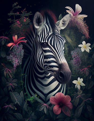 AI - Woondecoratie - Poster - Dieren - Zebra - Bloemen en jungle - 49 - 50 x 70 cm