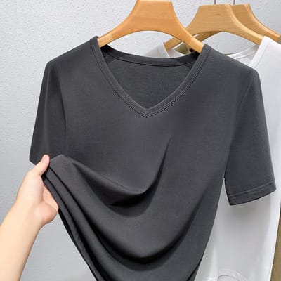 T-shirt d'été à manches courtes pour femme, nouveau t-shirt en coton à col en V de couleur unie pour femme, haut ample couvrant le ventre, grande taille 3XL gris