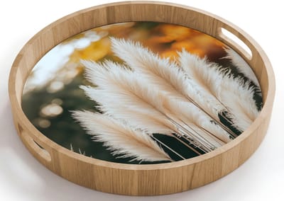Dienblad rond 40x40 cm - Schootdienblad hout - Pampasgras - Pluimen - Sierlijk - Borrelplank rechthoek - Plateau houten dienbladen