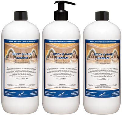 Body & Hair Hamam 1 liter met zwarte pomp - set van 3 stuks - 2 in 1 voor lichaam en haar - voordeelverpakking