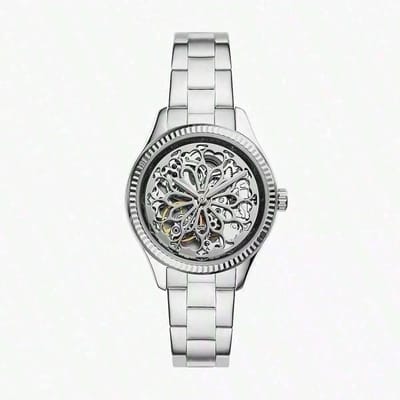 Montre Automatique Mécanique en Acier Inoxydable Rye Pour Femmes Cadran à Motif Creux, Argenté, Bracelet en Acier Inoxydable, Style Élégant et Tendance BQ3753 argenté