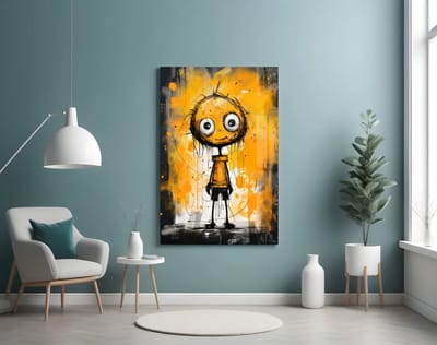 Glasschilderij Onschuld – Street Art Schilderij – Moderne Abstracte Kunst – Pop Art Wanddecoratie - 90x60 cm