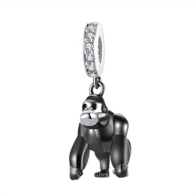 Fler® | Bedel | Past op populaire bedel armbanden (standaard-3mm) | armbandbedel | Zwarte Gorilla Bedel | Hangbedel Charm | 925 sterling zilver | Transparante zirkonia | Zwarte emaille | Vriendschap, Verjaardagsgeschenk, Cadeau | Valentijn kado