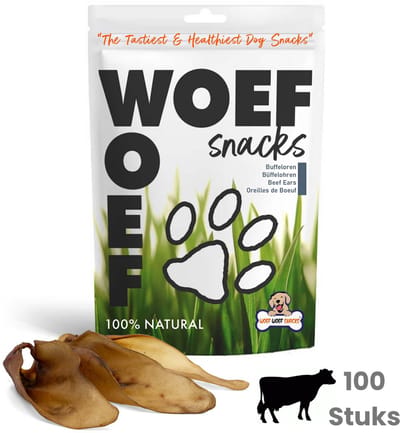 Woef Woef Snacks Hondensnacks Buffeloren 100 stuks - Kauwsnacks Gedroogd vlees Rund Alle honden vanaf 8kg Geen toevoegingen