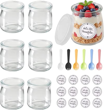Set van 6 Heldere 200ml Yogurt Glazen met Deksel, Multifunctionele Dessert Glazen voor Pudding, Jam en Honing met Lepel en Labels