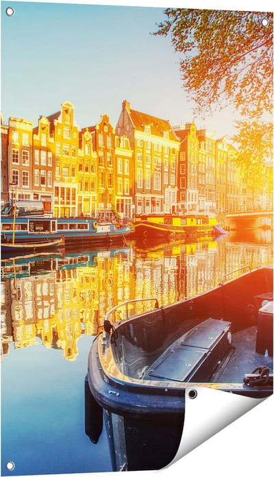 Gards Tuinposter Amsterdamse Brug - Gracht - met Bloemen - 60x90 cm - Tuindoek - Tuindecoratie - Wanddecoratie buiten - Tuinschilderij