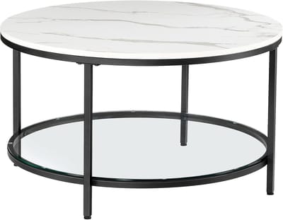 FurnStar – Salontafel – Woonkamertafel met glasplaat – Moderne banktafel met veel opbergruimte – Eenvoudige montage – 80 x 44,5 cm -Marmerwit/Inktzwart –