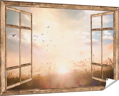 Gards Tuinposter Leeuw en Tijger - Silhouet - Zonsopkomst - 90x60 cm - Tuindoek - Tuindecoratie - Wanddecoratie buiten - Tuinschilderij