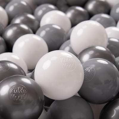 KiddyMoon Ballenbak ballen voor Kinderen Ø7 cm met 100 Stuks - Kinderballen baby - Speelballen voor Ballenbad - BPA-vrij - Ballenbak ballen - Kleurrijke ballen - Baby Speelgoed - Wit Grijs Zilver