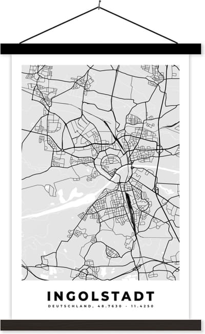Posterhanger incl. Poster 40x60 cm - Schoolplaat - Kaart - Ingolstadt - Duitsland - Stadskaart - Plattegrond - Textielposter - Zwarte latten - Stadskaart