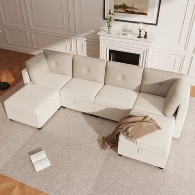 MIVRAY U-bank 261 x 132,5 x 85 cm - Modulair 6-Zits Ontwerp Met Opbergruimte - Voor Woonkamer En Lounge - Velours En Cord Beige