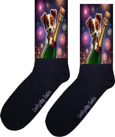 Nieuwjaar Sokken - Oud en nieuw - Vuurwerk - Hond sokken - Verjaardags cadeau vrouw en man - vrolijke sokken - Valentijns cadeau - grappige sokken - leuke dames en heren sokken - moederdag - vaderdag - Sokken waar je vrolijk van wordt - maat 37-44