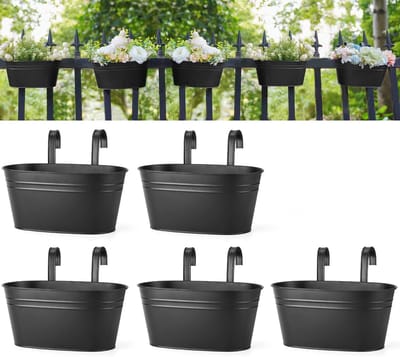 Metalen ijzeren hangende bloempotten voor reling hek hangende emmer potten landelijke stijl venster bloem plantenhouder met afneembare haken home decor, zwart, 5 stuks