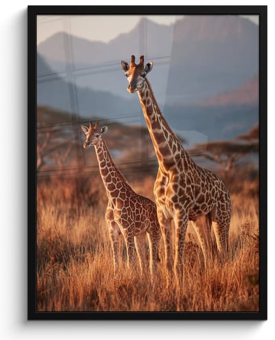Poster in lijst - Fotolijst 60x80 cm - Posters - Giraffen - Hoog gras - Acaciabomen - Posterlijst zwart - Decoratie - Wanddecoratie woonkamer - Muurdecoratie slaapkamer